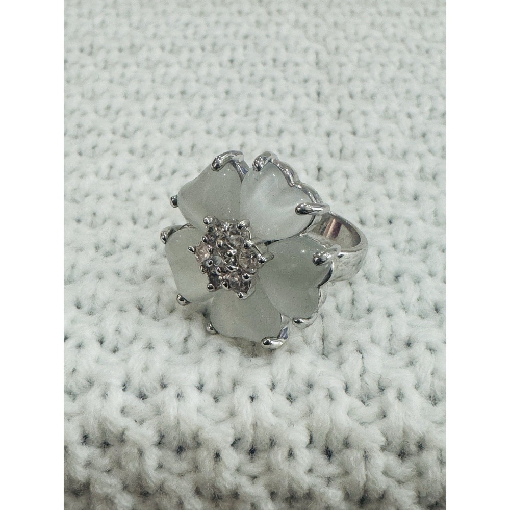18K KSP White Gold Plated Frosted Glass CZ Flower Statement Ring Size 6